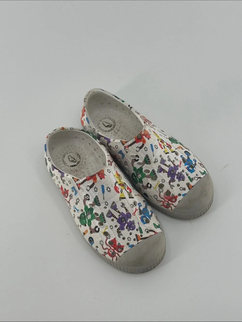 Native Kids Slip-On Shoes with Multicolor Robot Print - White
